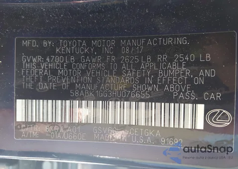 2017 Lexus Es 350 из США, поврежденный, VIN 58ABK1GG3HU076655